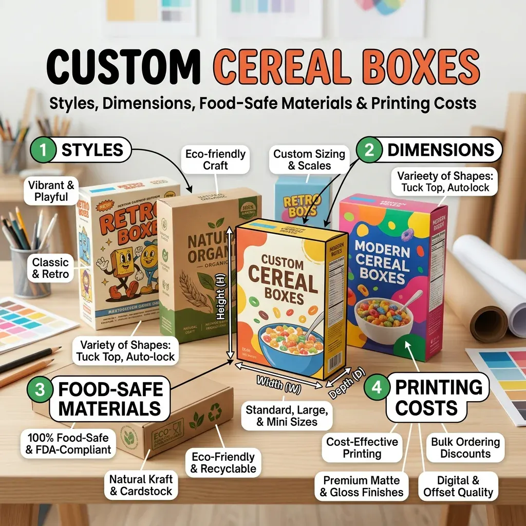 Custom Cereal Boxes: Styles, Dimensions, Food-Safe Materials & Printing Costs