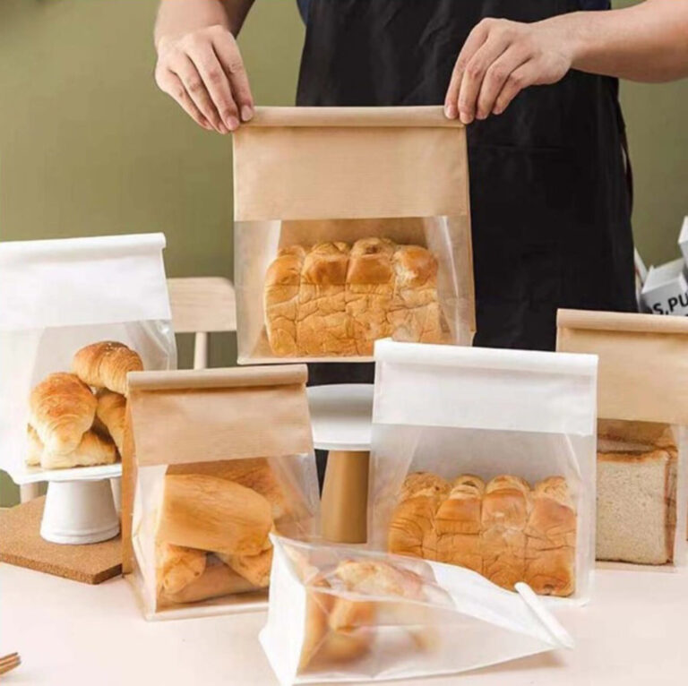 Kraft Paper Bakery Tin Tie Bags with Clear Window and Flat Bottom for Pastries, Breads, Cookies, Sweet Treats