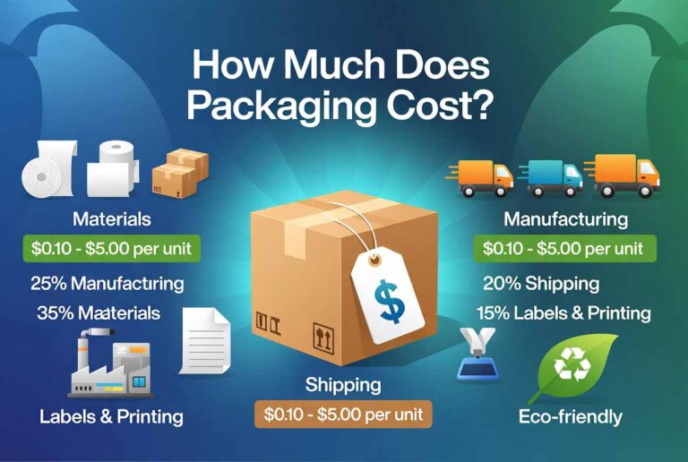 Custom packaging boxes with pricing details and packaging materials