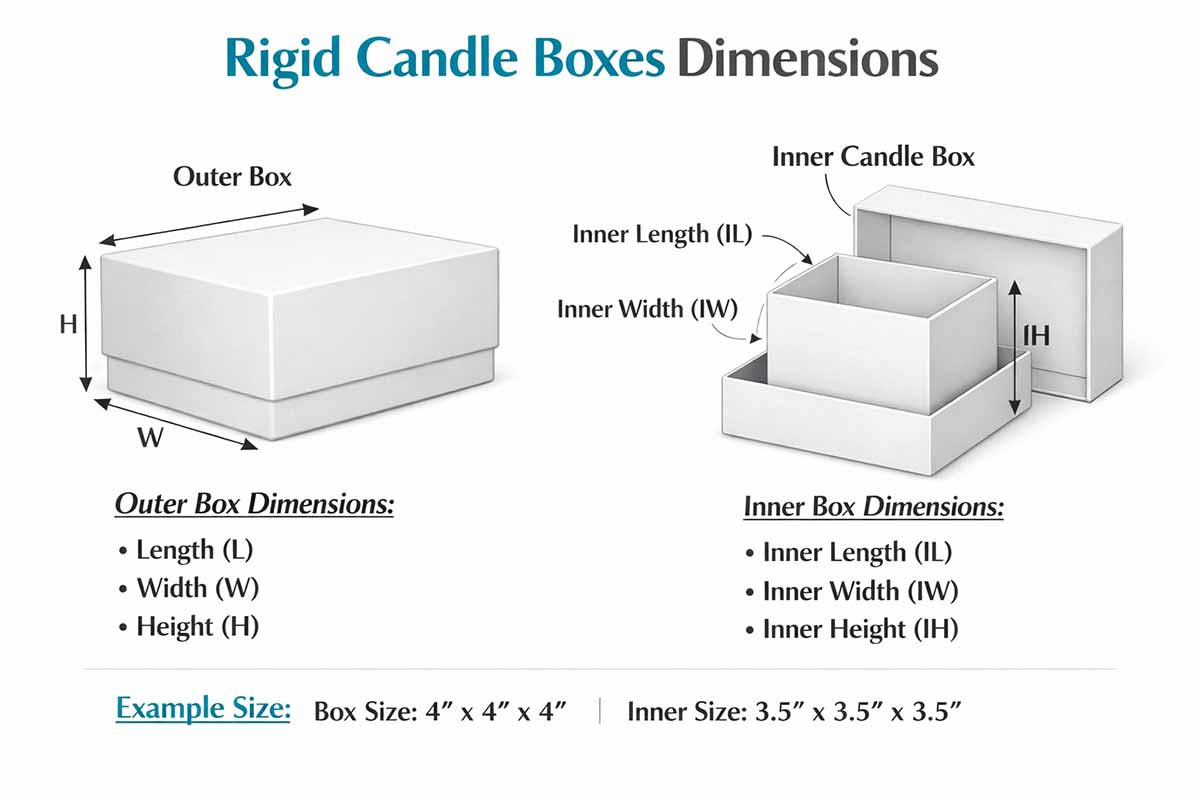 Rigid candle box dimensions diagram showing 8 inch height, 3.5 inch width and 3.5 inch depth with clear measurement labels and structure details